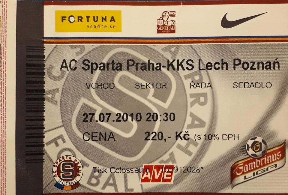 Bilet z meczu Sparta Praga - Lech Poznań 1:0 (27.07.2010)