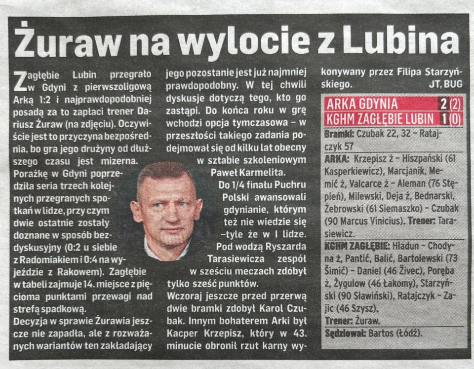 Przegląd Sportowy po meczu Arka Gdynia - Zagłębie Lubin 2:1 (01.12.2021)