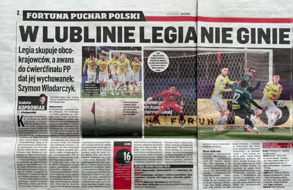 Przegląd Sportowy po meczu Motor Lublin - Legia Warszawa 1:2 (01.12.2021)