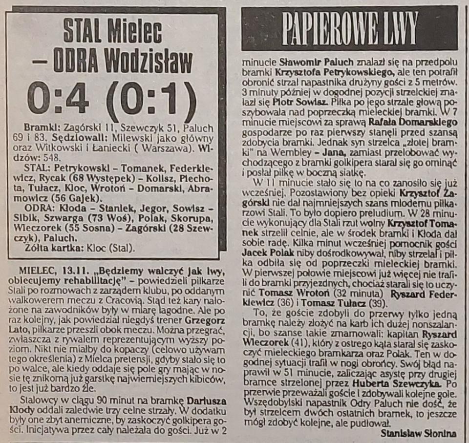 Stal Mielec - Odra Wodzisław Śląski 0:4 (13.11.1996) Przegląd Sportowy