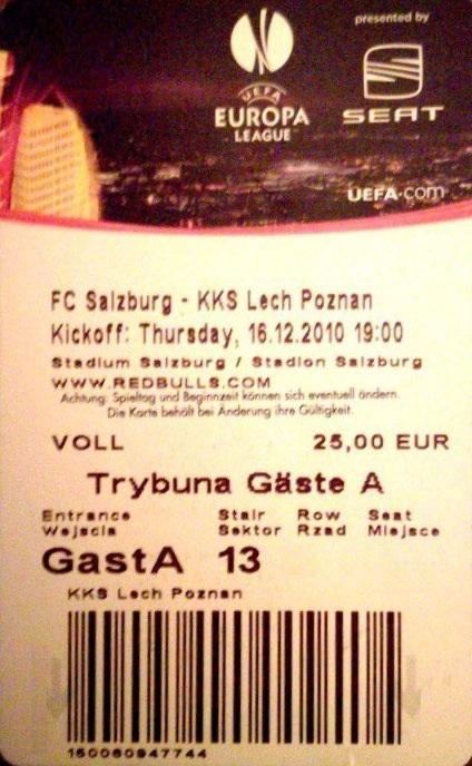 Bilet z meczu FC Salzburg - Lech Poznań 0:1 (16.12.2010)
