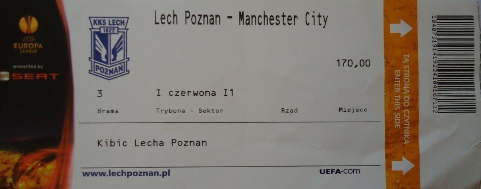 Bilet z meczu Lech Poznań - Manchester City 3:1 (04.11.2010)