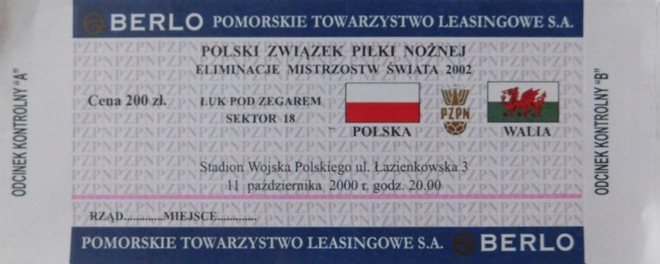 Bilet z meczu Polska - Walia 0:0 (11.10.2000)