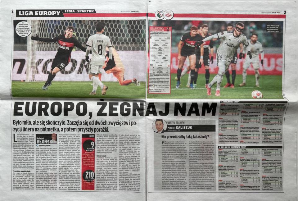 Przegląd Sportowy po meczu Legia Warszawa - Spartak Moskwa 0:1 (09.12.2021)