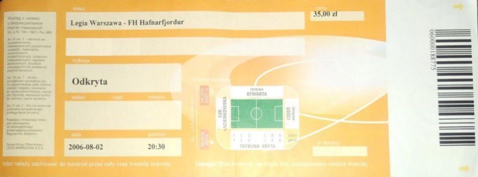 Bilet z meczu Legia Warszawa - FH Hafnarfjörður 2:0 (02.08.2006)