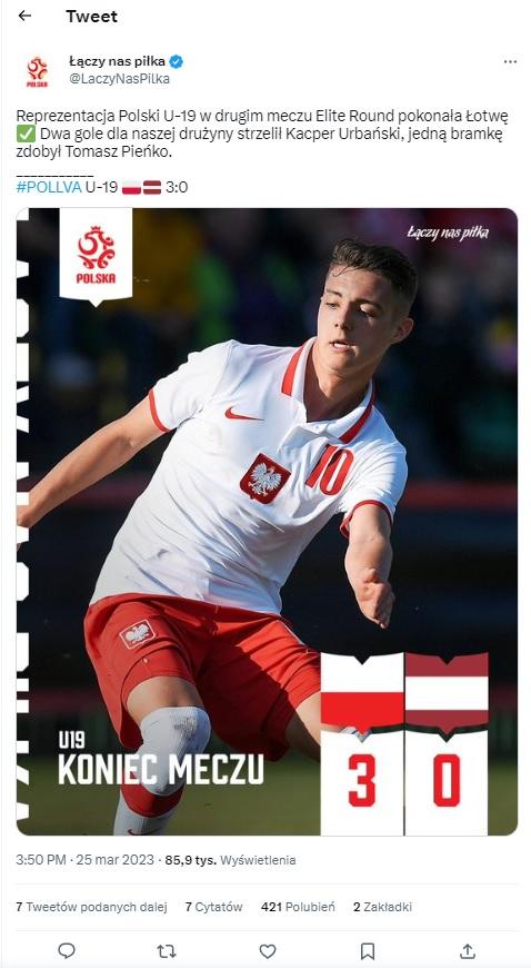 Twitt po meczu Polska - Łotwa 3:0 U19 (25.03.2023)