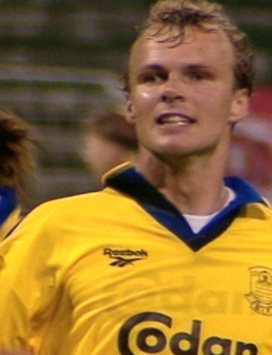 Ole Bjur podczas meczu Widzew Łódź - Brøndby Kopenhaga 2:1 (07.08.1996).