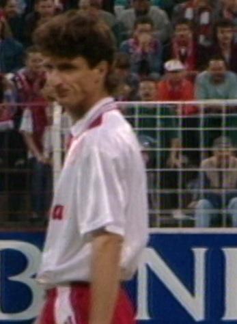 Sławomir Majak podczas meczu Widzew Łódź - Brøndby Kopenhaga 2:1 (07.08.1996).
