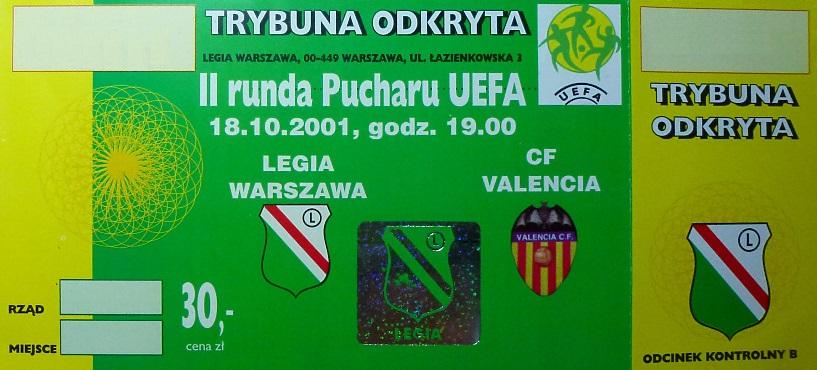 Bilet z meczu Legia Warszawa - Valencia CF 1:1 (18.10.2001)
