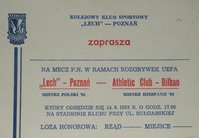 Zaproszenie na mecz Lech Poznań - Athletic Bilbao 2:0 (14.09.1983)