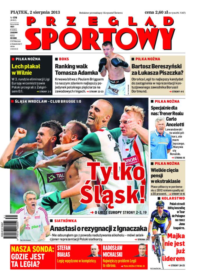 Okładka Przegląd Sportowy po meczu Žalgiris Wilno - Lech Poznań 1:0 (01.08.2013)