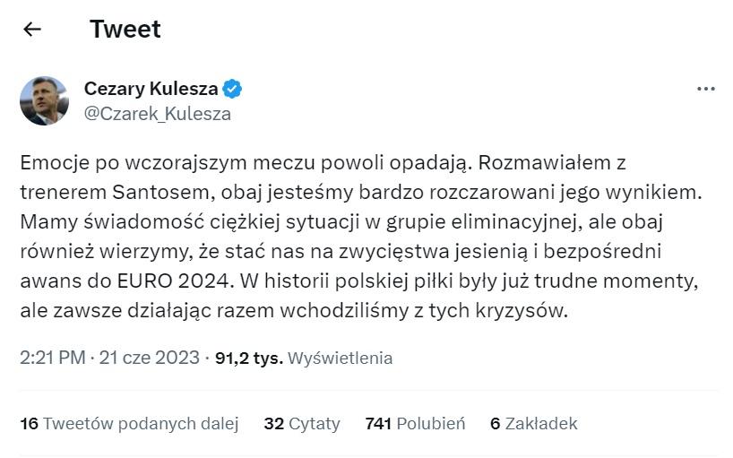 Twitt Cezarego Kuleszy po meczu Mołdawia - Polska 3:2 (20.06.2023)