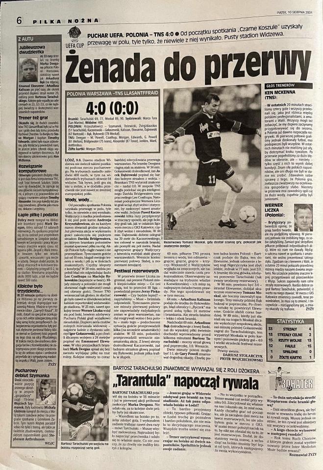 Przegląd Sportowy po meczu Polonia Warszawa - TNS Llansantffraid, 9.08.2001