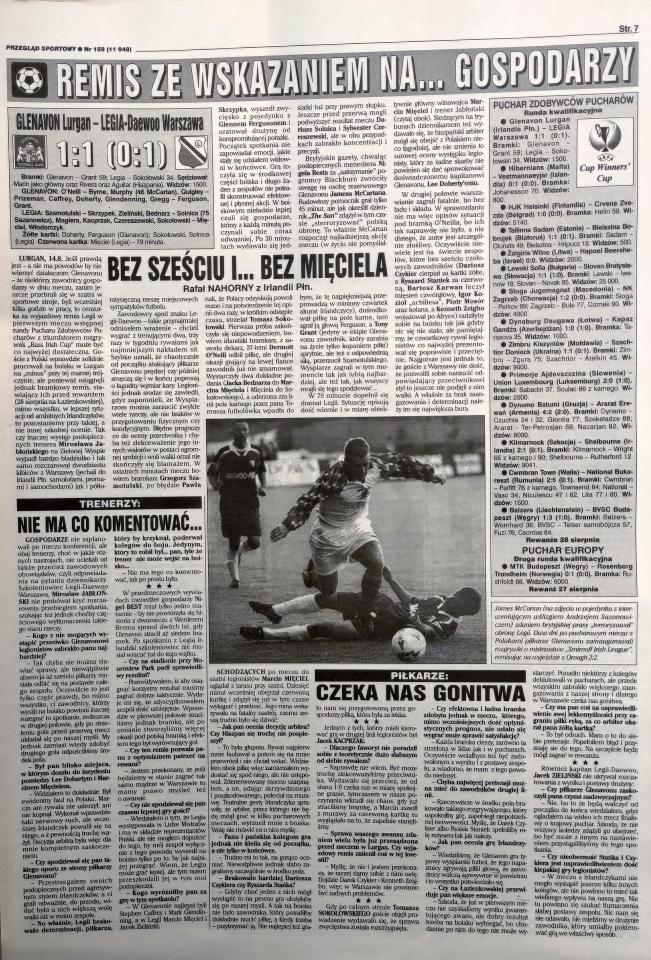 Przegląd Sportowy po meczu Glenavon FC - Legia Warszawa 1:1 (14.08.1997)