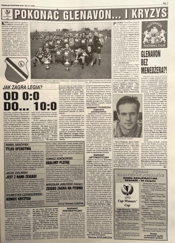 Przegląd Sportowy przed meczem Legia Warszawa - Glenavon FC 4:0 (28.08.1997)