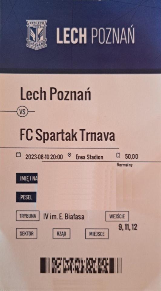 Bilet z meczu Lech Poznań - Spartak Trnawa 2:1 (10.08.2023)