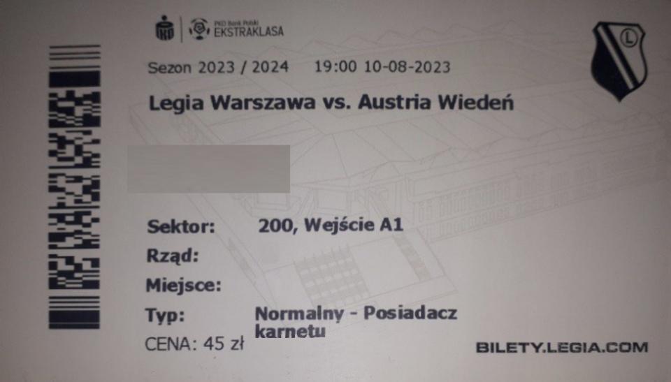 Bilet z meczu Legia Warszawa - Austria Wiedeń 1:2 (10.08.2023)