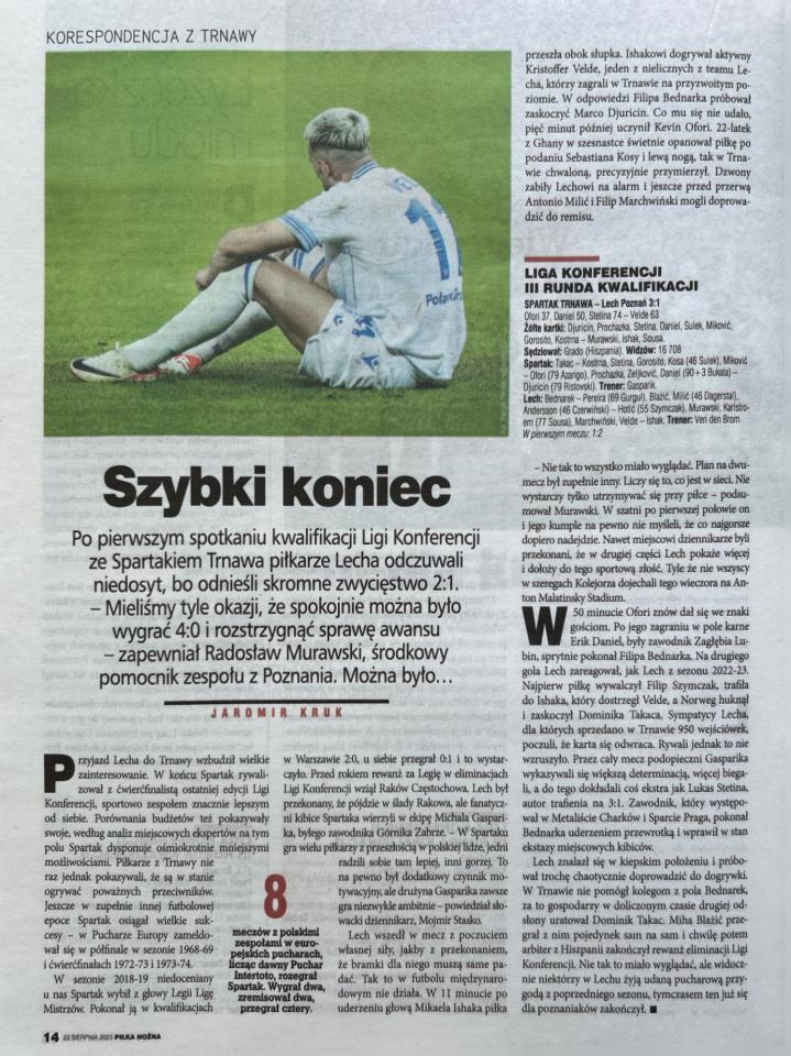 Piłka Nożna po meczu Spartak Trnawa - Lech Poznań 3:1 (17.08.2023)