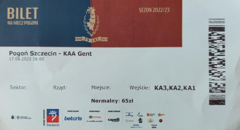 Pogoń Szczecin - KAA Gent 2:1 (17.08.2023) Bilet