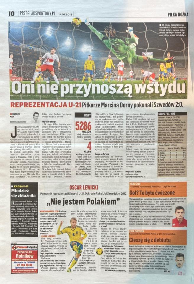 „Przegląd Sportowy” po meczu Polska - Szwecja 2:0, 12.10.2013