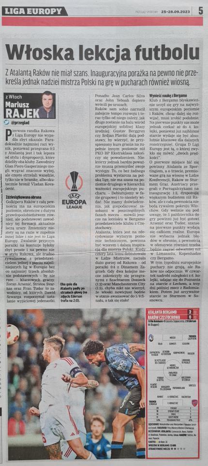 Atalanta Bergamo - Raków Częstochowa 2:0, 21.09.2023 Przegląd Sportowy poniedziałek