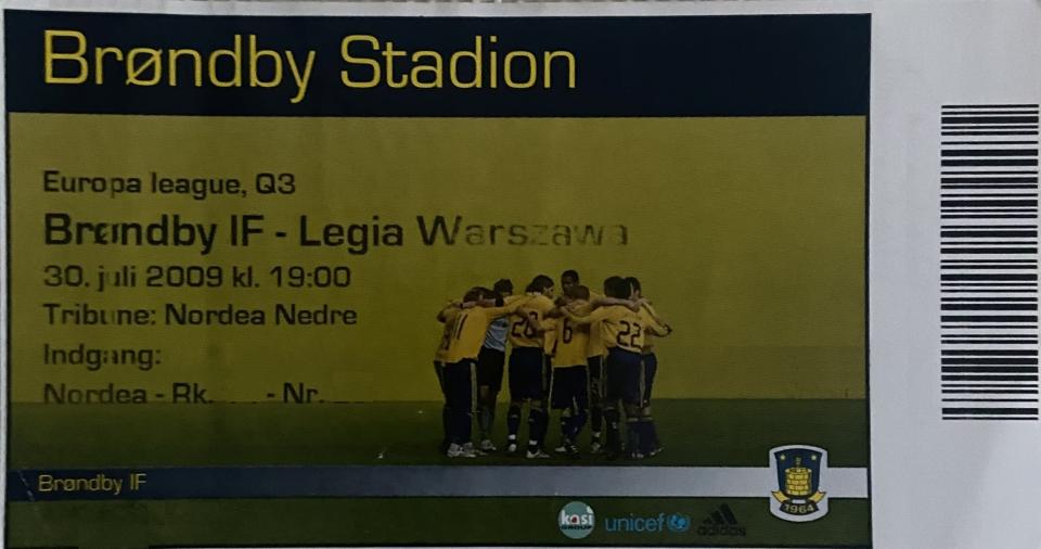 Bilet z meczu Brøndby Kopenhaga - Legia Warszawa 1:1 (30.07.2009)