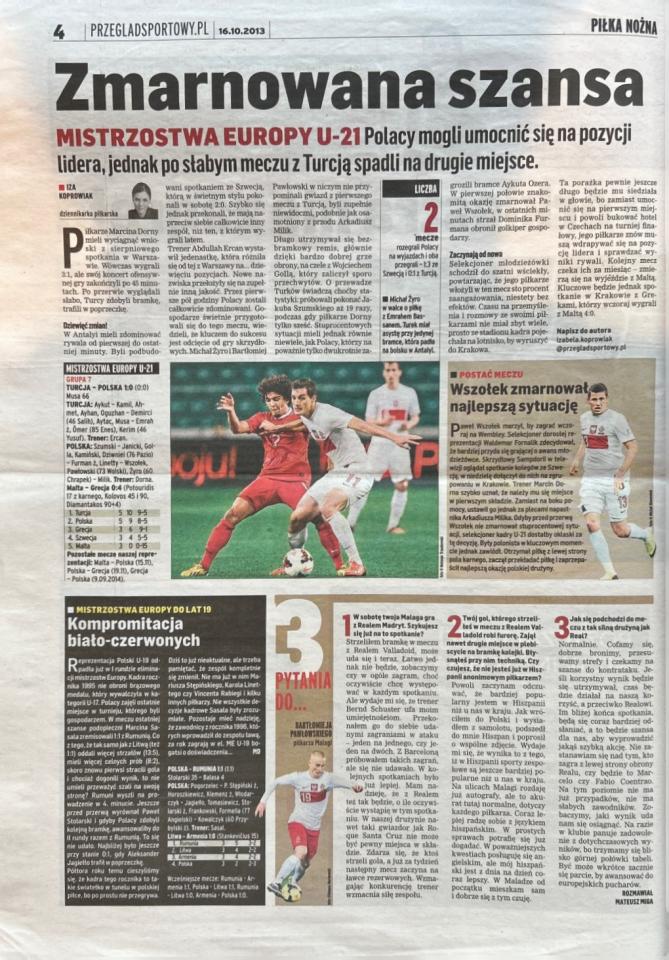 Przegląd Sportowy po meczu Turcja - Polska U21 1:0, 15.10.2013