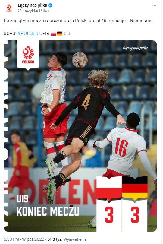 Twitt ŁNP po meczu U19 Polska - Niemcy 3:3 (17.10.2023)