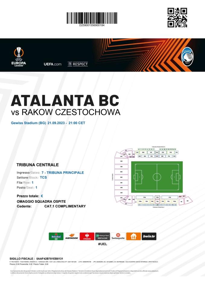 Atalanta Bergamo - Raków Częstochowa 2:0, 21.09.2023 bilet