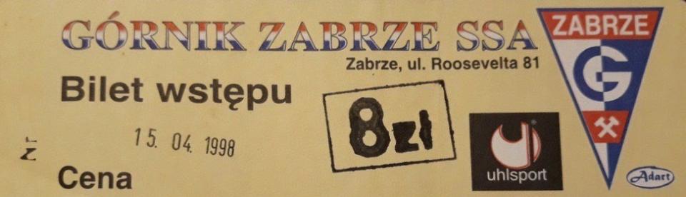 Bilet z meczu Górnik Zabrze - Ruch Radzionków 1:1 pd, k. 7-6 (15.04.1998)