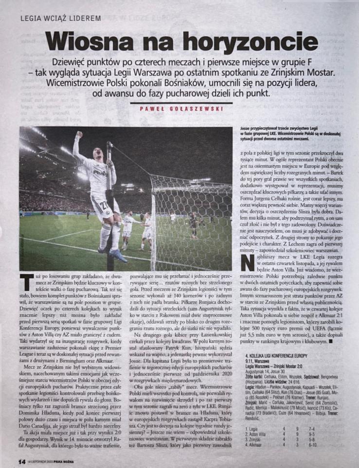 Piłka Nożna po meczu Legia Warszawa - Zrinjski Mostar 2:0 (09.11.2023)