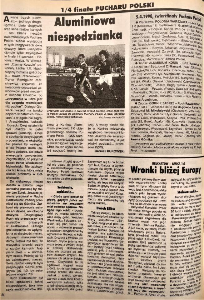 Piłka nożna po meczu Górnik Zabrze - Ruch Radzionków 1:1, k. 7-6, 15.04.1998