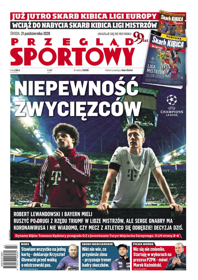 Okładka Przegląd Sportowy przed meczem Bayern Monachium - Atlético Madryt 4:0 (21.10.2020)
