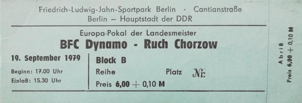 Bilet z meczu Dynamo Berlin - Ruch Chorzów 4:1 (19.09.1979)