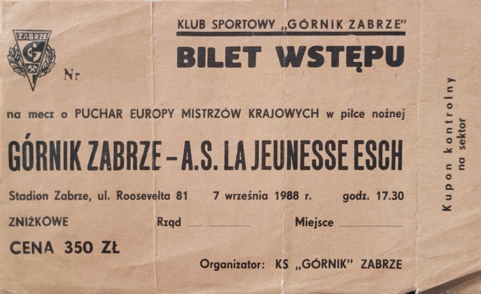 Bilet z meczu Górnik Zabrze - Jeunesse Esch 3:0 (07.09.1988)