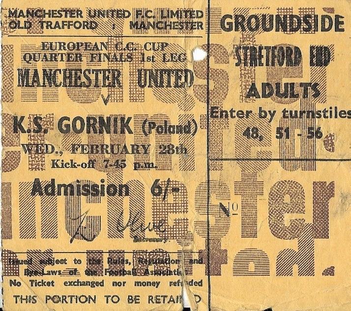 Bilet z meczu Manchester United - Górnik Zabrze 2:0 (28.02.1968)