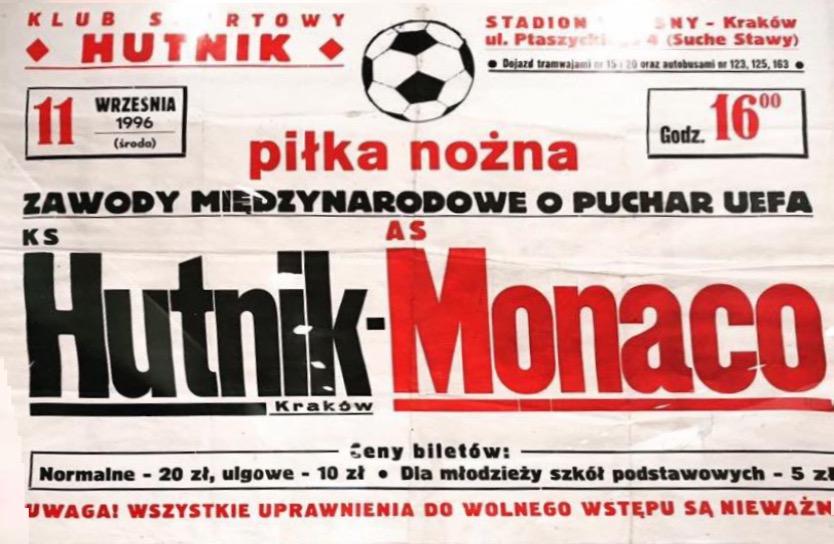 Plakat z meczu Hutnik Kraków - AS Monaco 0:1 (11.09.1996)