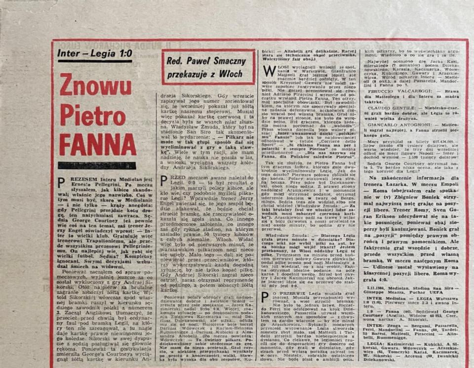 Piłka Nożna po meczu Inter Mediolan - Legia Warszawa 1:0 (05.11.1986)