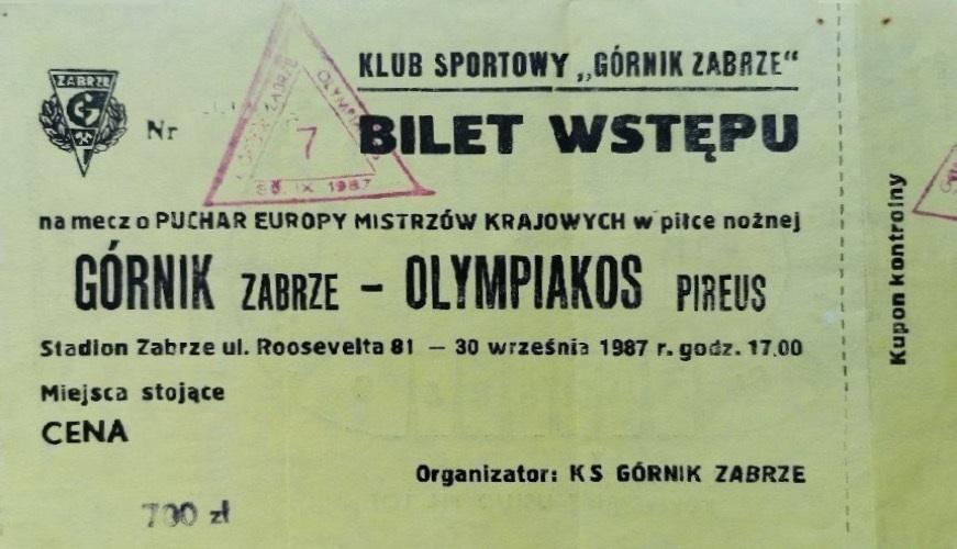 Bilet z meczu Górnik Zabrze - Olympiakos Pireus 2:1 (30.09.1987)