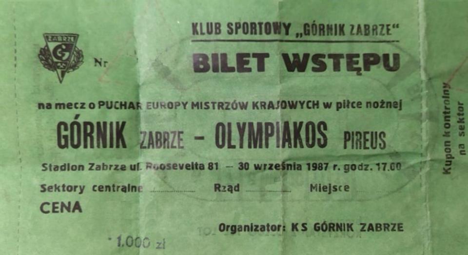 Bilet z meczu Górnik Zabrze - Olympiakos Pireus 2:1 (30.09.1987)