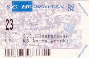 Bilet z meczu SC Heerenveen - Amica Wronki 3:1 (17.09.1998)