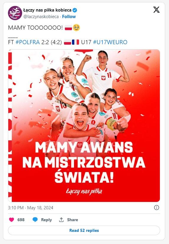 Twitt ŁNP Kobieca po meczu Polska - Francja 2:2, k. 4-2 U17 kobiet (18.05.2024)