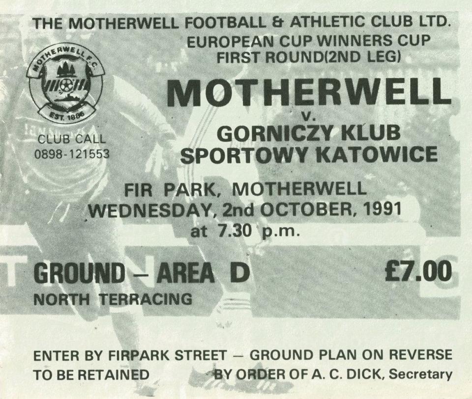 Bilet z meczu Motherwell FC - GKS Katowice 3:1 (02.10.1991)