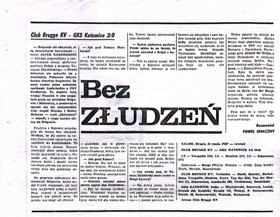 Piłka Nożna po meczu Club Brugge - GKS Katowice 3:0 (06.11.1991)