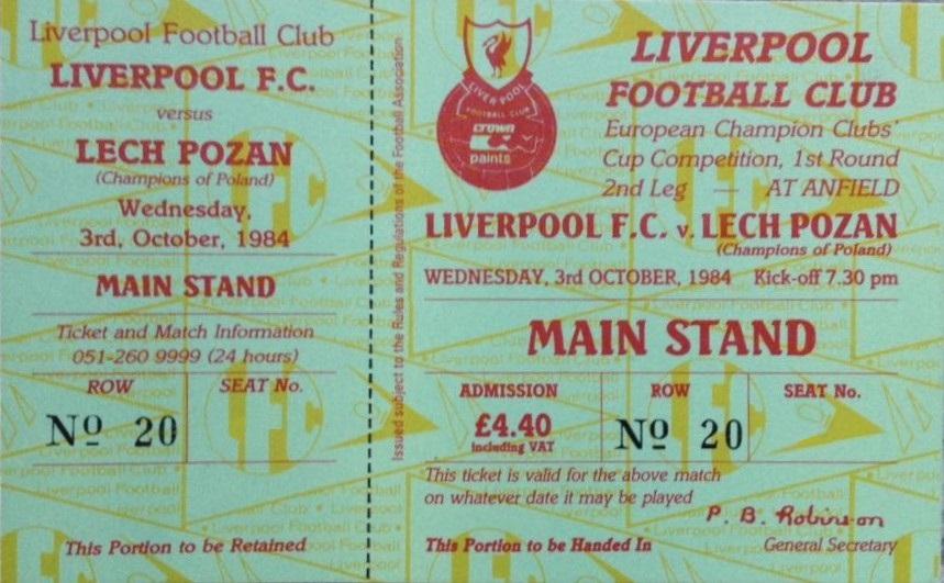 Bilet z meczu Liverpool FC - Lech Poznań 4:0 (03.10.1984)