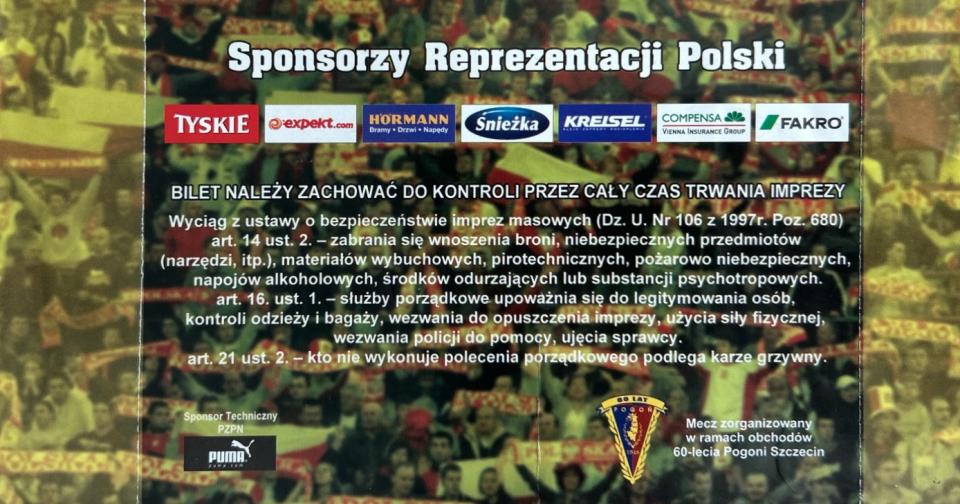 Bilet z meczu Polska - Zagraniczne Gwiazdy Orange Ekstraklasy 2:3 (11.03.2008) tył