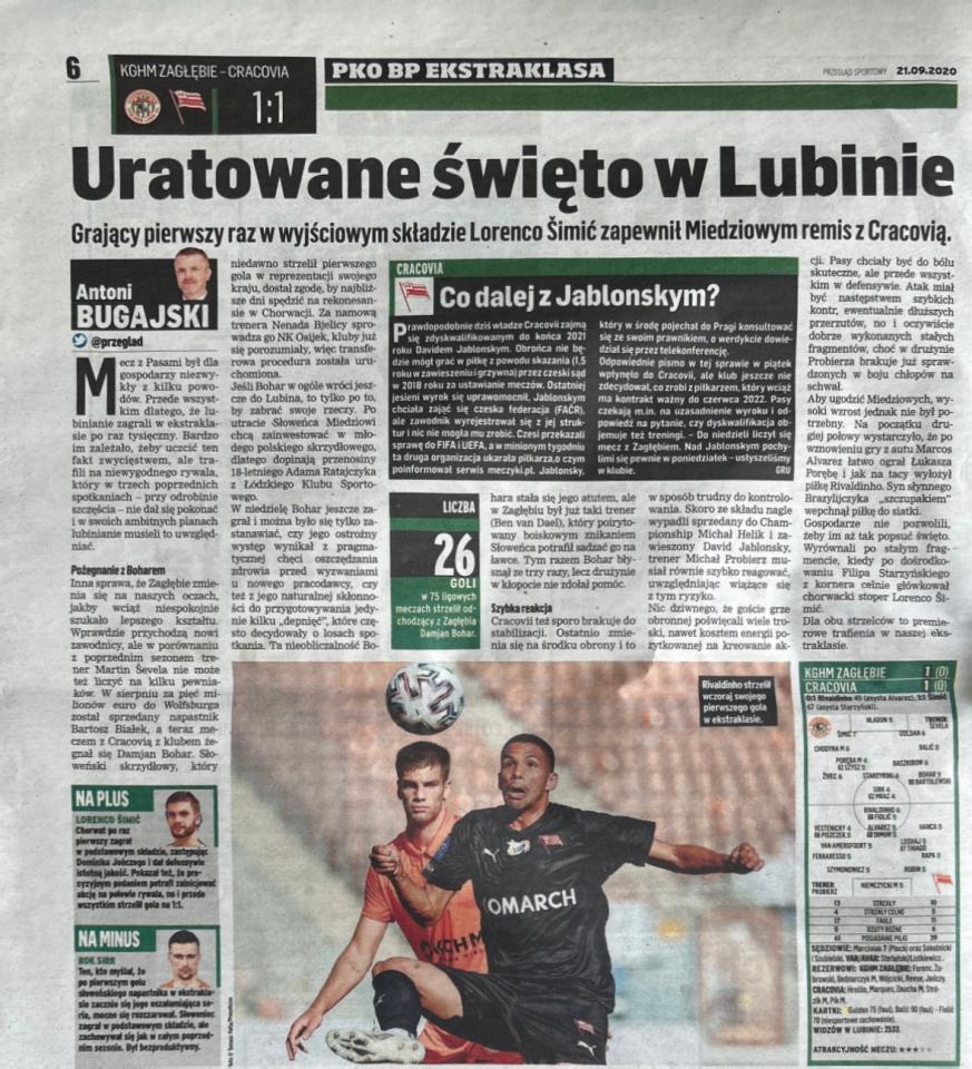 Przegląd Sportowy po meczu Zagłębie Lubin - Cracovia 1:1 (20.09.2020)