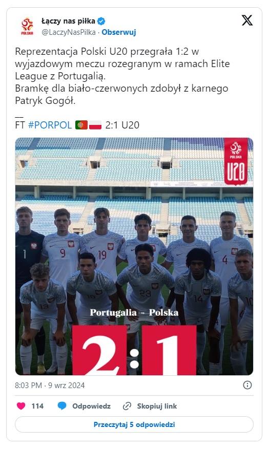 Twitt po meczu Portugalia - Polska 2:1 U20 (09.09.2024)