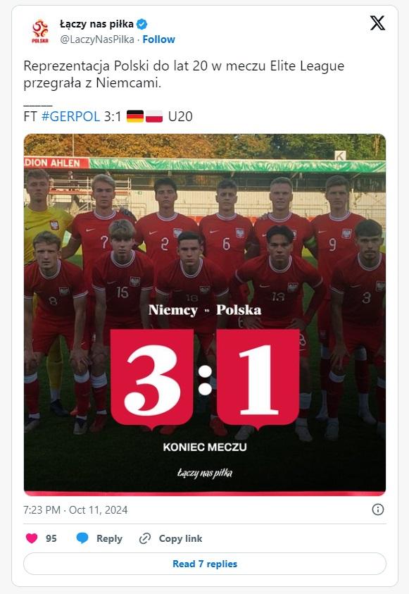 Twitt ŁNP po meczu Niemcy - Polska 3:1 U20 (11.10.2024)