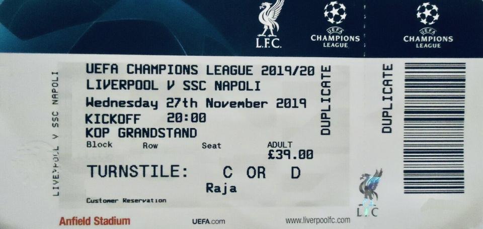 Bilet z meczu Liverpool FC - SSC Napoli 1:1 (27.11.2019)